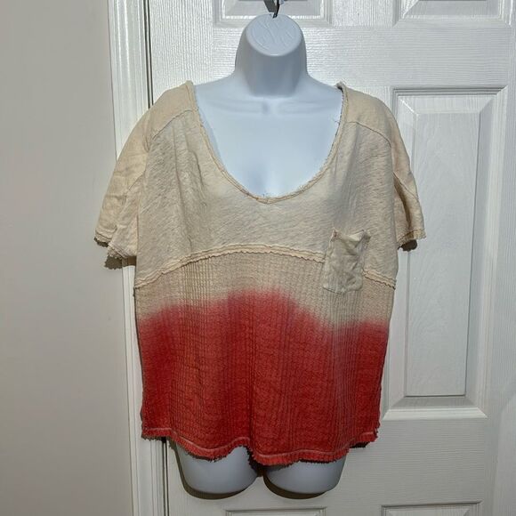Free People Cream Pink Sun Dial Dip Dye Thermal Boxy Top Womens Size M - Picture 1 of 6